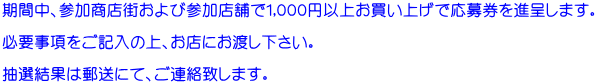 期間中、参加商店街および参加店舗で１,０００円以上お買い上げで応募券を進呈します。  必要事項をご記入の上、お店にお渡し下さい。  抽選結果は郵送にて、ご連絡致します。